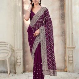 Tikhi Imli Purple Embroidered Saree with Unstitched Blouse-picture-44