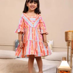 Budding Bees Girls Multicolor Striped Dress with Hairband-image-33