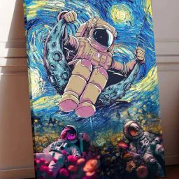 Art Street Multicolor Cotton Canvas Three Space Astronauts Graffiti Painting-image-89