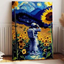 Art Street Navy Blue & Yellow Cotton Canvas Space Astronaut Floral Graffiti Painting-image-48