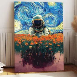 Art Street Orange & Blue Cotton Canvas Space Astronaut Graffiti Floral Painting-picture-7