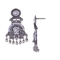 Sangria Silver-Plated Kundan-Studded & Beaded Oxidised Contemporary Shaped Drop Earrings image 4