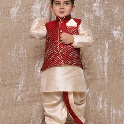 AJ Dezines Raw Silk Full Sleeves Solid Kurta With Ethnic Motif Foil Self Design Jacket & Coordinating Dhoti- Maroon-image-92