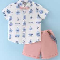 ToffyHouse  100% Cotton Knit Half Sleeves Shirt & Shorts Set with Bow & Suspender Boat Print - Peach-image-45