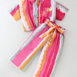CrayonFlakes Rayon Half Sleeves Tie Dye Crop Top & Belted Palazzo Set - Multi Colour-image-42