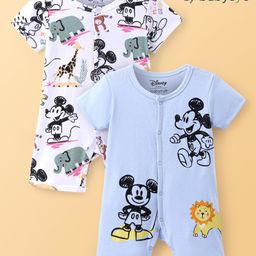 Babyoye Disney Interlock Knit Half Sleeves Romper With Mickey Mouse Print Pack Of 2 - Blue & White-image-54
