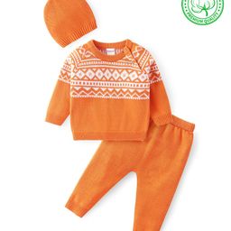Babyhug Cotton Knit Full Raglan Sleeves Sweater Set with Cap Aztec Design - Orange & White-image-74