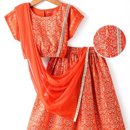EARTHY TOUCH Single Jersey Knit Half Sleeves Floral Foil Printed Choli Lehenga Set with Dupatta & Lace Detailing - Coral-image-93