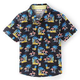 CrayonFlakes Cotton Half Sleeves Palm Tree & Flamingo Printed Shirt - Black-image-38