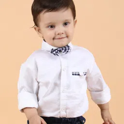 Polka Tots Cotton Full Sleeves Checked Shirt With Bow Tie  - White-picture-29