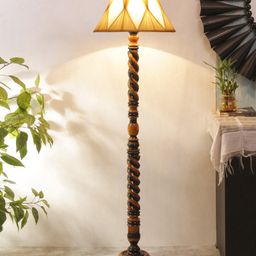 Devansh Vintage Cotton Curtain Pleated Shade Wood Floor Lamp - Beige-picture-33
