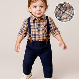 Babyoye Cotton Woven Full Sleeves Checkered Shirt with Suspender & Solid Trouser Set - Black & Tan-image-63