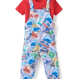 Babyhug Single Jersey Knit Half Sleeves Solid T-Shirt & Stamp Printed Dungaree - Red-image-67