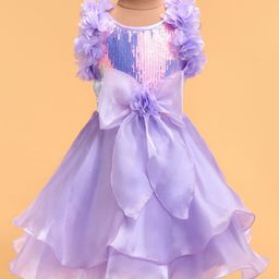 Bluebell Woven Sleeveless Party Frock With Floral Corsage & Bow Applique - Purple-picture-18