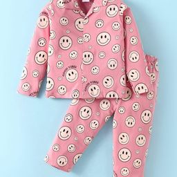Ollypop Sinker Knit Full Sleeves Smiley Printed Night Suit - Rose Gold-image-93