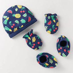 Babyhug Interlock Knit Caps Mittens & Booties With Fruit Print - Navy Blue-6