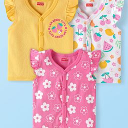 Babyhug 100% Cotton Woven Sleeveless Frill Detailing Front Open Vest with Tropical Theme Print Pack Of 3 - Blue White & Yellow-image-84