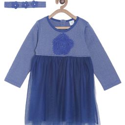 MINI KLUB Cotton Blend Full Sleeves Striped & Floral Patch Embroidered Dress With Headband - Blue-picture-14