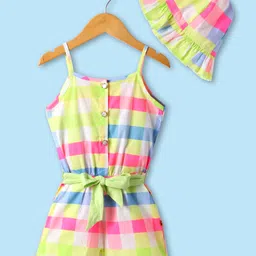 Dew Drops Poplin Woven Singlet Sleeves Front Open Jumpsuit With Checks & Cap - Multicolor-picture-29