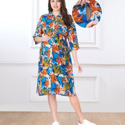 Bella Mama Woven Three Fourth Sleeves Shirt Maternity Dress Flower Print - Blue-image-73