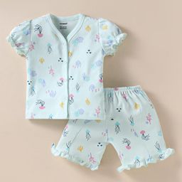 CUCUMBER Sinker Knit Half Sleeves Jelly Fish Printed Shorts Night Suit - Aqua Blue-image-98