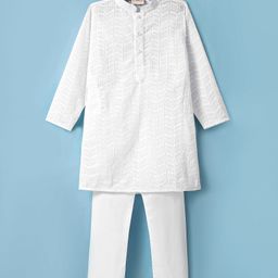 Dapper Dudes Full Sleeves Embroidered Kurta Pyjama Set - White-image-84