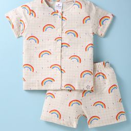 Ollypop Sinker Knit Half Sleeves Shorts Nightsuit with Rainbow Print - Cream-image-10