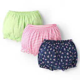 Honeyhap Premium 100% Cotton Knit Stripes & Floral Printed Bloomers Pack of 3 - Paradise Green Navy Peony & Bright White-image-26