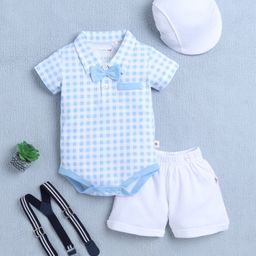 BUMZEE Cotton Kit Half Sleeves Checkered Onesie & Shorts Set with Bow Suspended & Hat - Light Blue & White-image-56