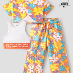 Ollington St. Looper Knit Half Sleeves Top Inner Vest & Trouser with Floral Print - Orange & White-image-83