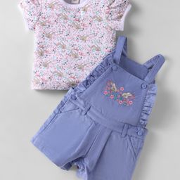 ToffyHouse Knitted Woven Half Sleeves T-Shirt & Dungaree With Animal Print - Pink-picture-9
