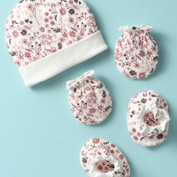 Ben Benny Interlock Knit Floral Printed Cap Mitten & Booties Set White & Red - Diameter 11 cm-19