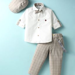 Radutu Full Sleeves Checked Shirt & Trouser With Cap Bow & Suspender Set - White & Beige-image-51