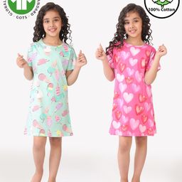 Anthrilo 100% Organic Cotton Knit Pack Of 2 Half Sleeves Ice Cream & Heart Printed Nighties - Aqua Blue & Pink-image-41