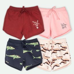 Ariel Cotton Knit Pack Of 4 Whales & Typography Printed Shorts - Navy Blue Maroon Pink & Peach-image-95
