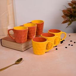 Storepedia Yellow & Red 6 Pieces Textured Ceramic Glossy Cups And Mugs 150 ML-20