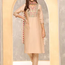 Anouk Beige Notch-Neck Floral Embroidered Straight Kurta With Trousers And Dupatta-image-77
