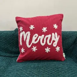 LUSHLYF Red & White Merry Script Embroidered Cotton Square Cushion Cover-image-22