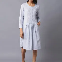 W Blue Cotton Chequered Straight Kurta-image-75