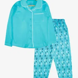 Kiddopanti Kids Aqua Blue Printed Shirt with Pyjamas-image-50