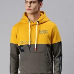 SHOWOFF Yellow Cotton Slim Fit Printed Hooded SweatShirt-image-31