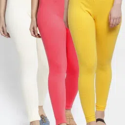 Gracit Yellow & Peach Mid Rise Leggings - Pack Of 3-image-75
