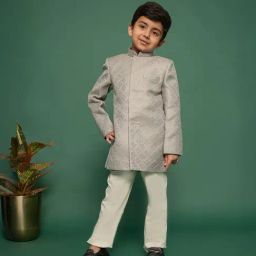 VASTRAMAY Boys Silver Textured Indo Western Set-32
