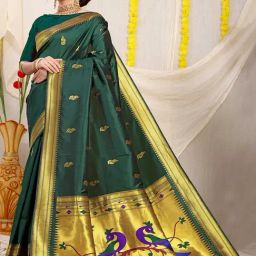 SHUBHKALA Green Silk Woven Saree With Unstitched Blouse-image-2
