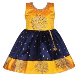 Wish Karo Girls Yellow Navy Blue Embroidered Party Dress-image-100