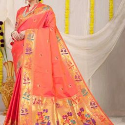 SHUBHKALA Peach Silk Woven Saree With Unstitched Blouse-image-85