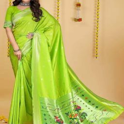 SHUBHKALA Green Silk Woven Saree With Unstitched Blouse-image-94