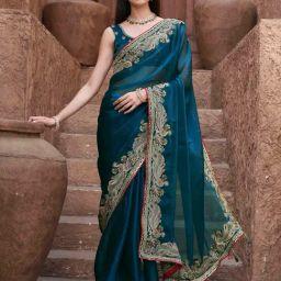Tikhi Imli Blue Embroidered Saree with Unstitched Blouse-image-85