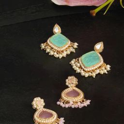 Zaveri Pearls Coloured Stones Pink & Mint Green Alloy Earrings-19