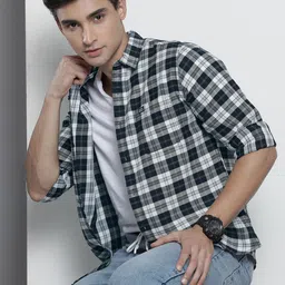 The Indian Garage Co Men Navy Blue & Off-White Checked Cotton Casual Shirt-image-89